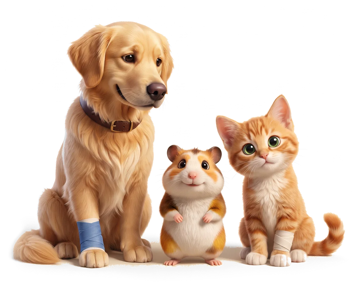 Humphrey the golden retriever, Hammy the hamster and Hector the kitten, sitting together