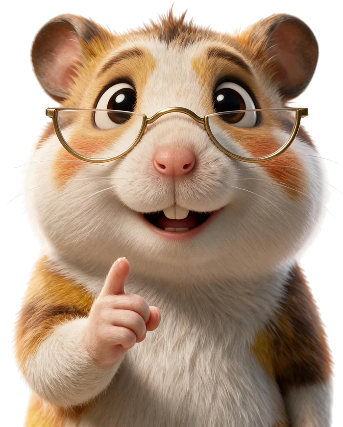Hammy in his Scholar avatar, spectacles on his nose, finger raised mid-answer