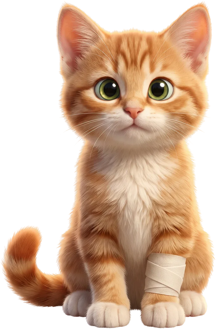 Hector, a ginger kitten sitting with gauze on his right foreleg
