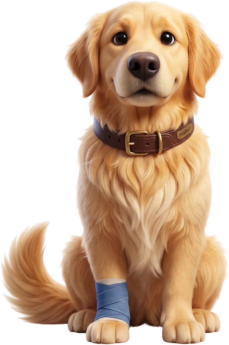 Humphrey, a Golden Retriever sitting with a blue bandage on his left foreleg