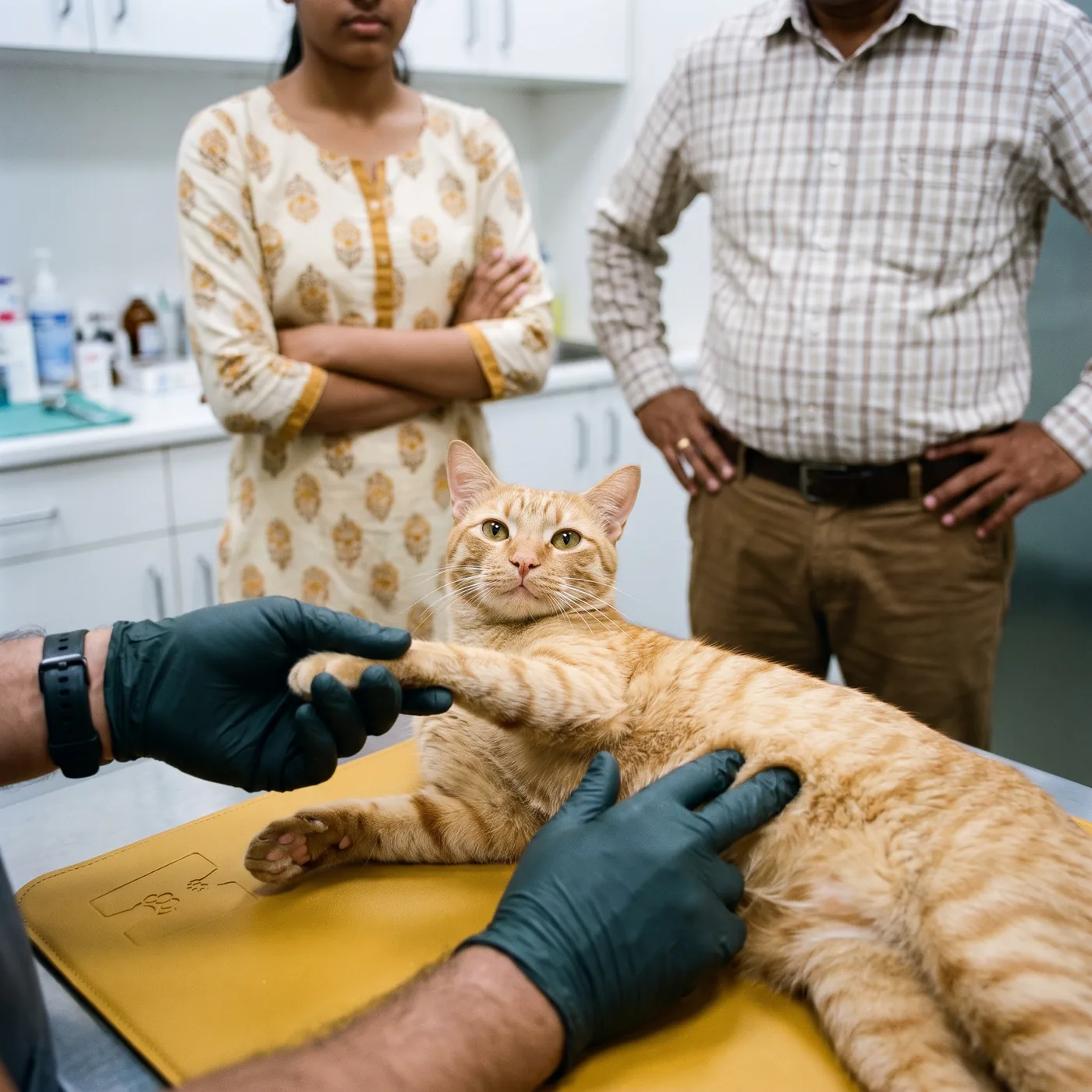 A ginger cat handled gently by a vet on an examination mat