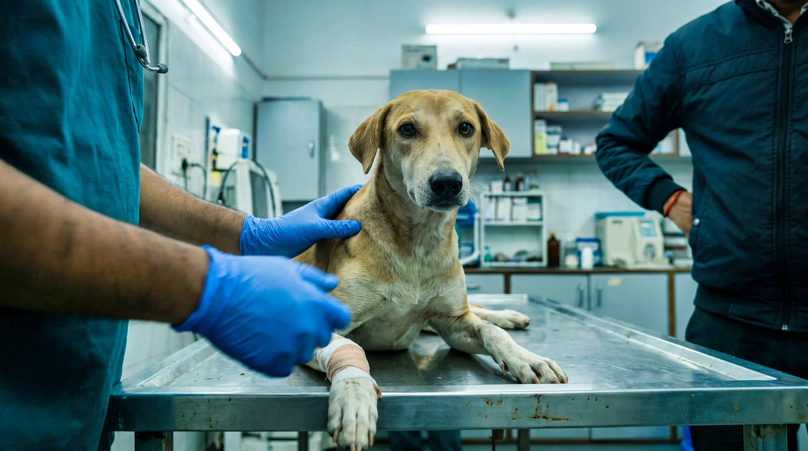 A vet in gloves examining a street dog on a clinic table