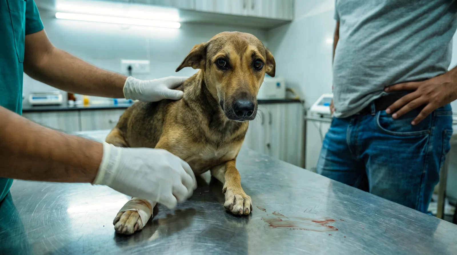Gloved hands steadying a dog during an examination