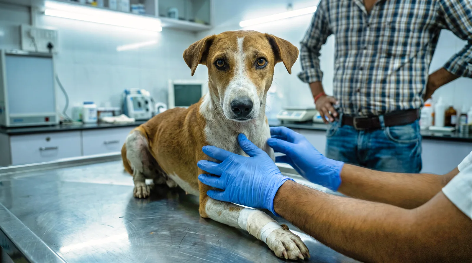A dog on a clinic examination table with its owner alongside