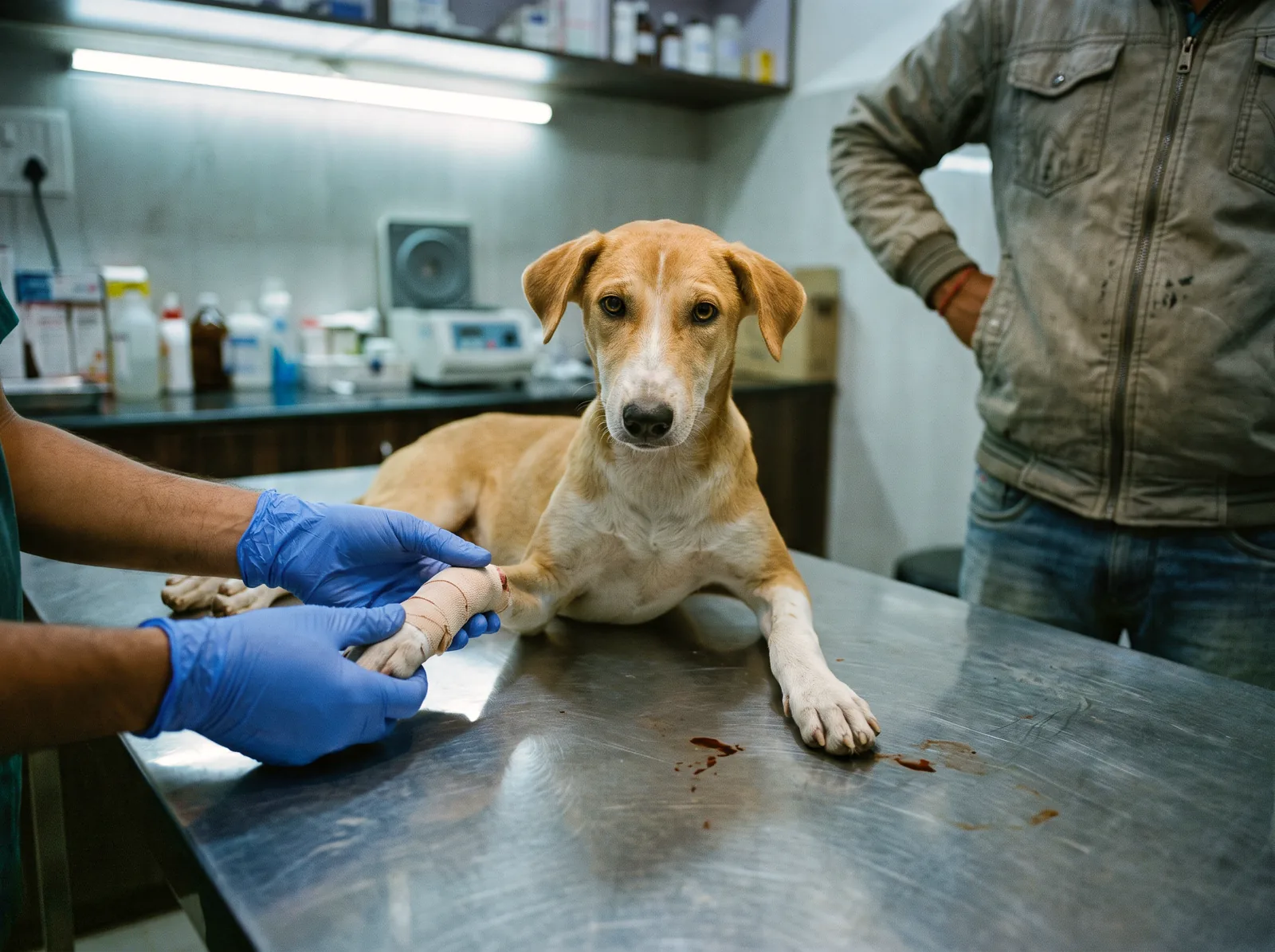 A vet's gloved hands examining a dog's paw on a clinic table