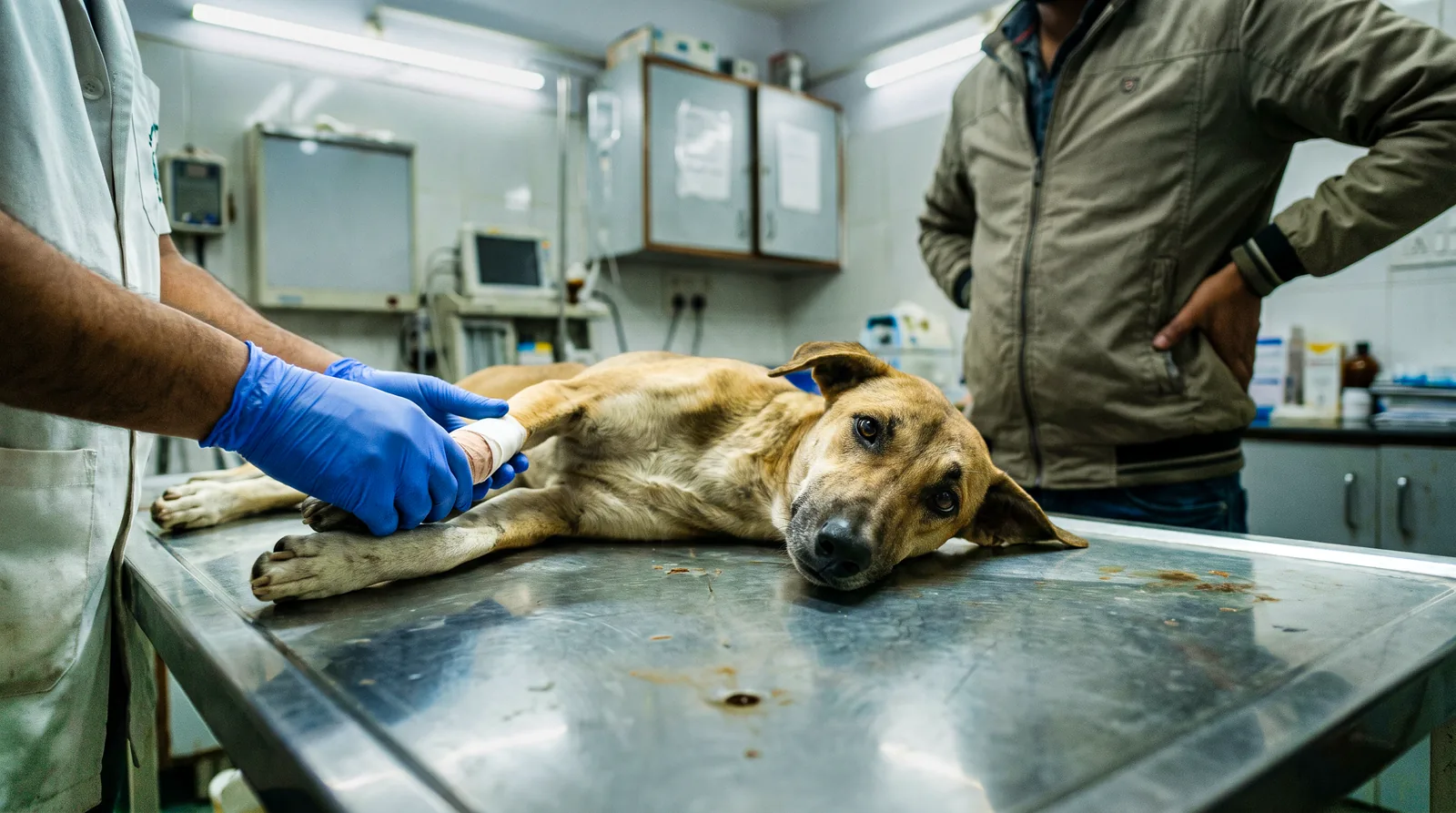 A dog resting on a clinic table while a vet's hand steadies it